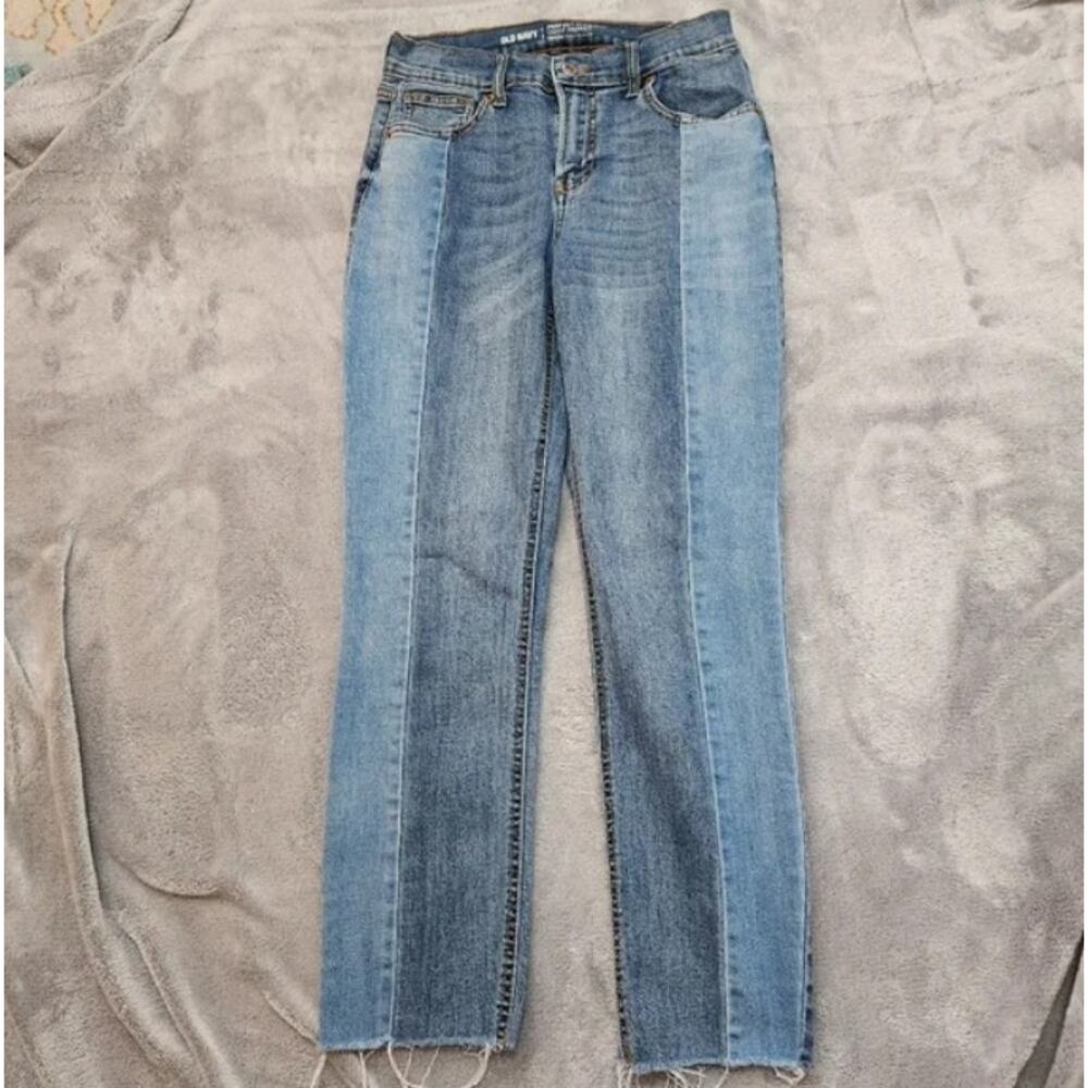 Old Navy Denim Stretch Jeans 2 Tone Color Front Fray Hem Size 4